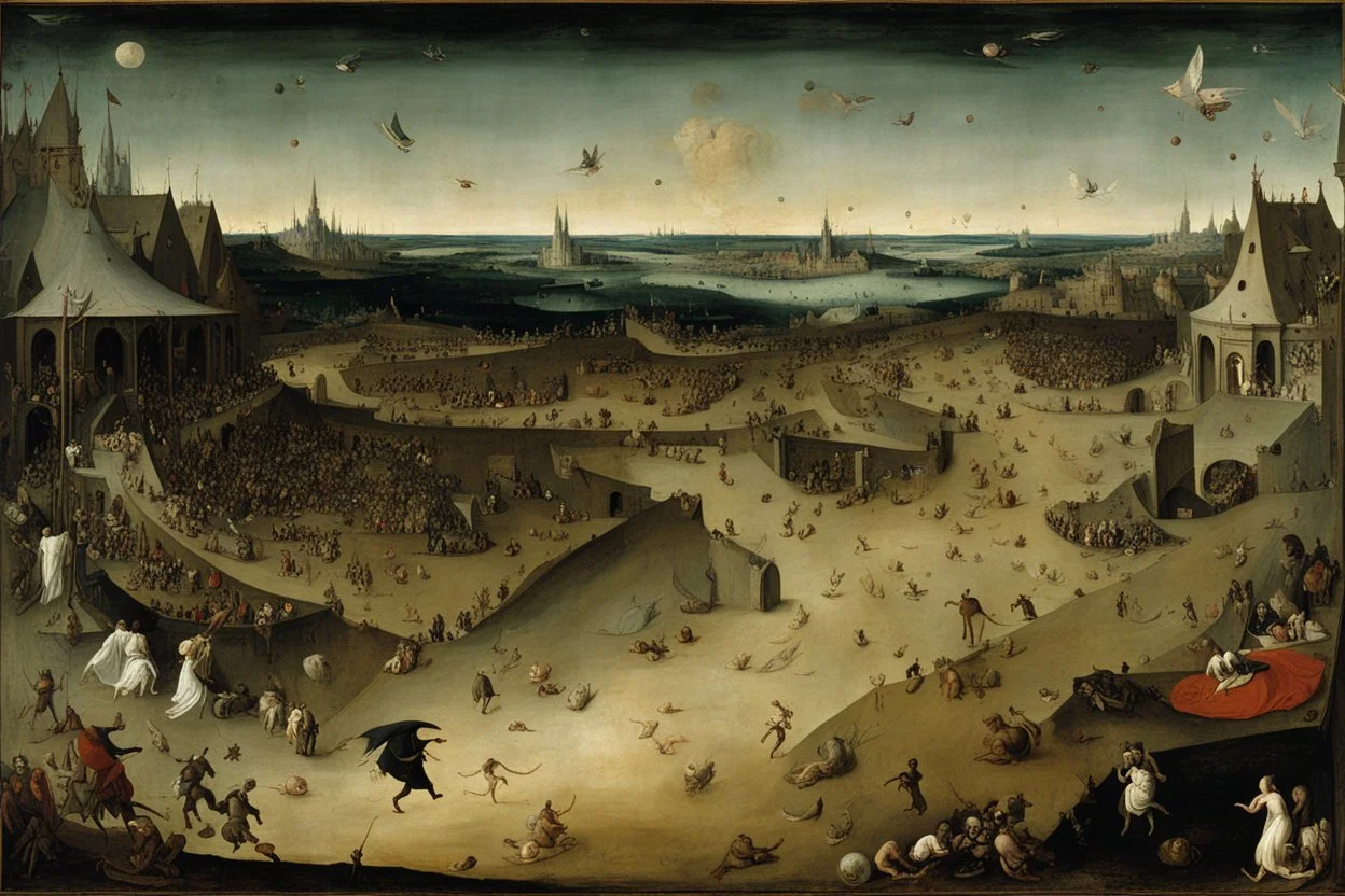 View of Elysium with dark female flying around over people running away in fear, creatures crawling, Hieronymus Bosch