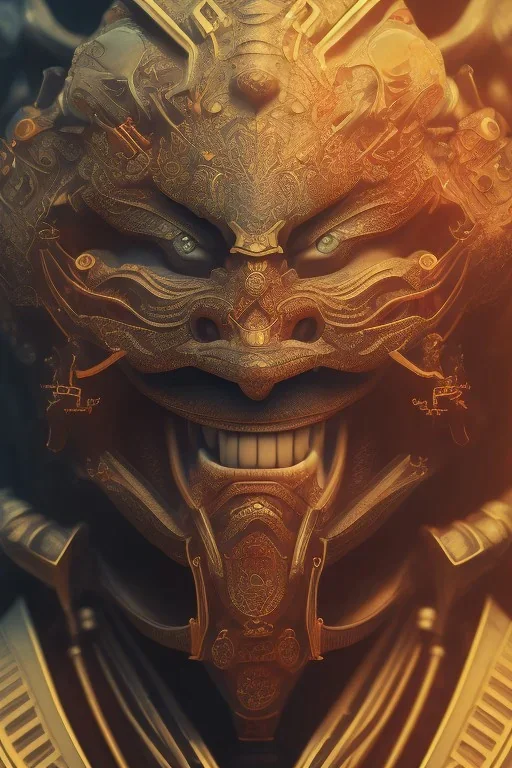 Furious rage, samurai warrior mask, close-up, macro lens, centered camera, intricate details, small minutiae, tiny features, particulars, colorful, 8k, least ambient occlusion, volumetric lighting,