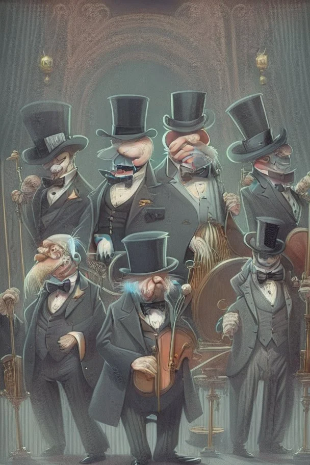 Professor knuckles and his band of very elderly musicians, all dressed in tuxedos and top hats.