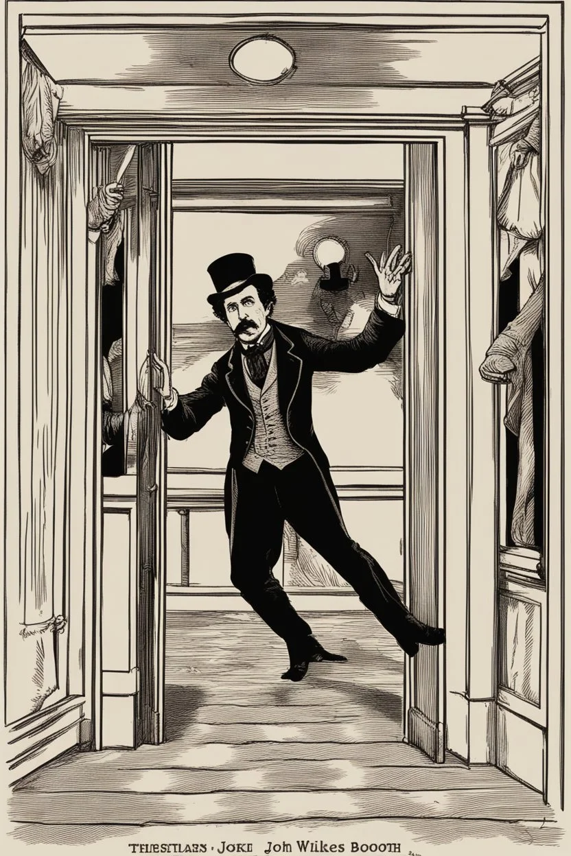 Craft an image of John Wilkes Booth slipping into the theater's backstage, navigating through the shadows toward the presidential box. Emphasize the secrecy and tension as Booth prepares to carry out his fateful act