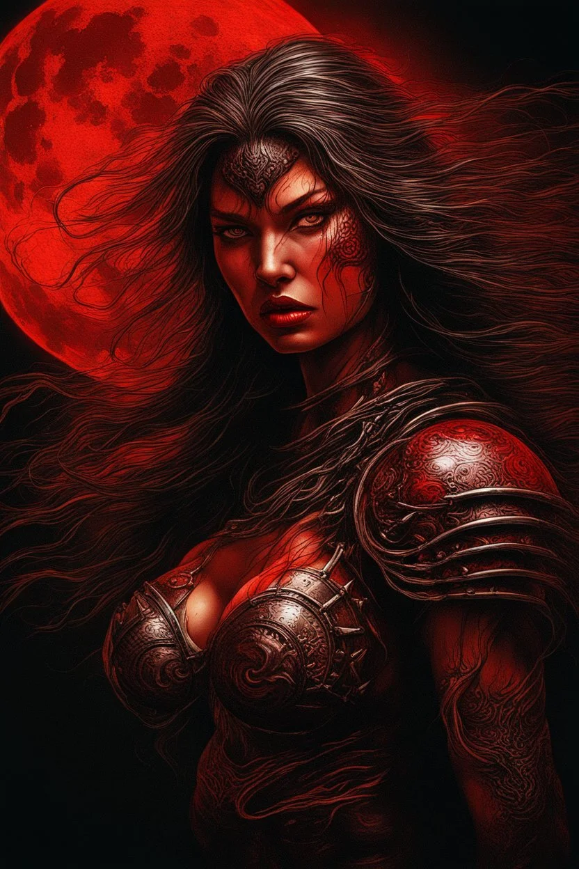 A dramatic digital painting portraying a warrior girl under the Red Moon, veins pulsing, claws of temptation visible, soul in turmoil. In the style of Luis Royo and Boris Vallejo and Giger, vivid colors, swirling brushstrokes, highly detailed, 8k resolution, surrealistic., juicy emotions, painting, gloomy fantasy, gloomy day, dark world, portrait, oil and graphite, wide strokes, a weaving frame around, by Ryohei Hase, Agnes Cecile, Raymond Swanland, Anne Bachelier