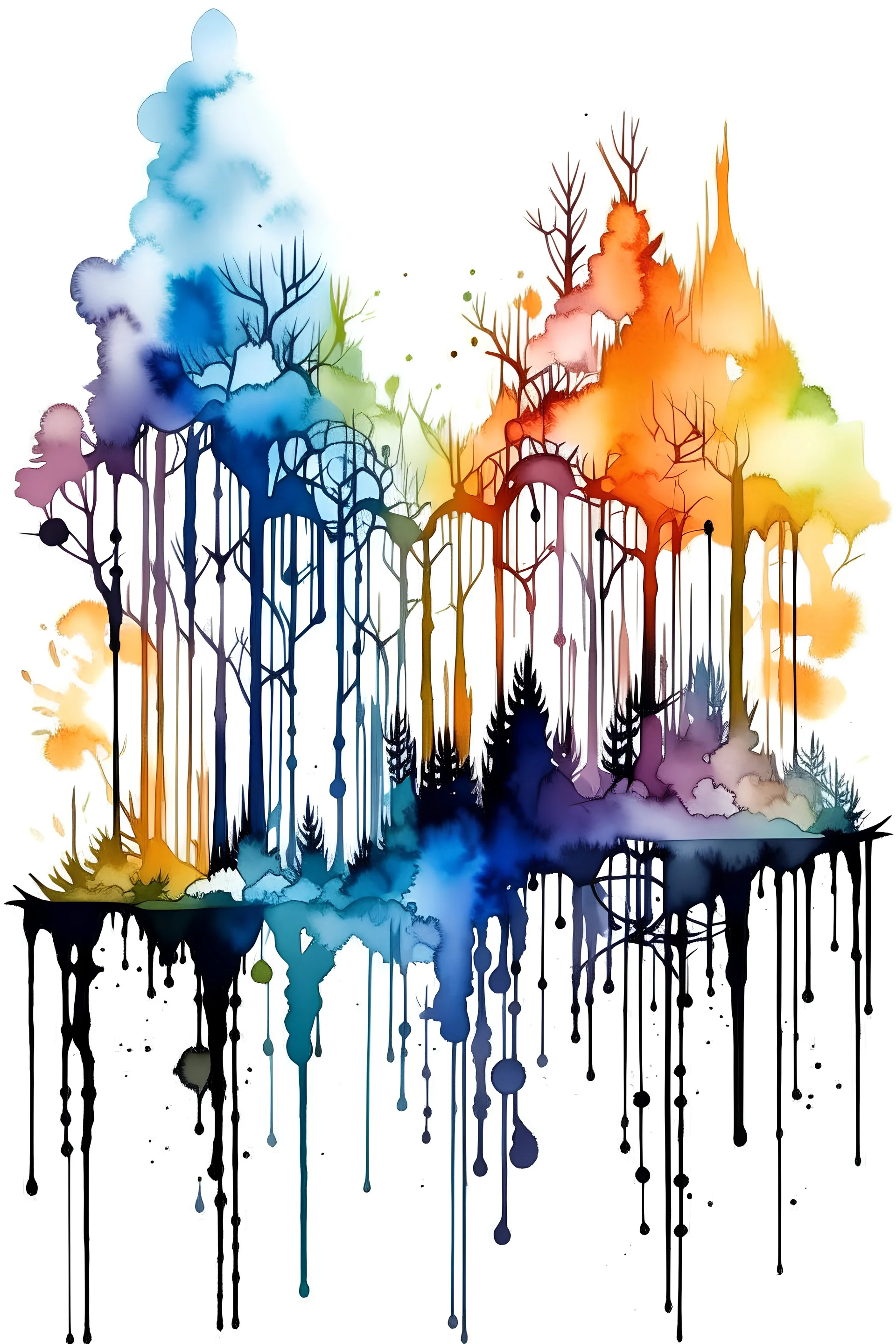 create cover paint,Watercolour effect, waterfall forest abstract,roschCh ink blot test, white background, muted colour's.no black outline, no black colour only white more watercolour blobs, no black outline, other coloursstyle coloring book