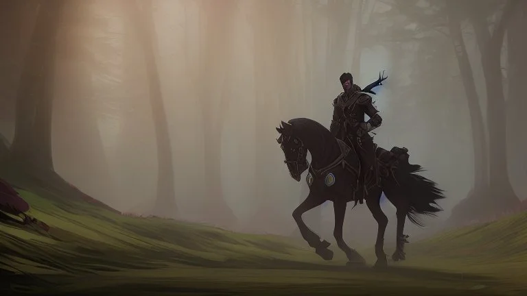 warrior sorcerer leading a black horse on forest path