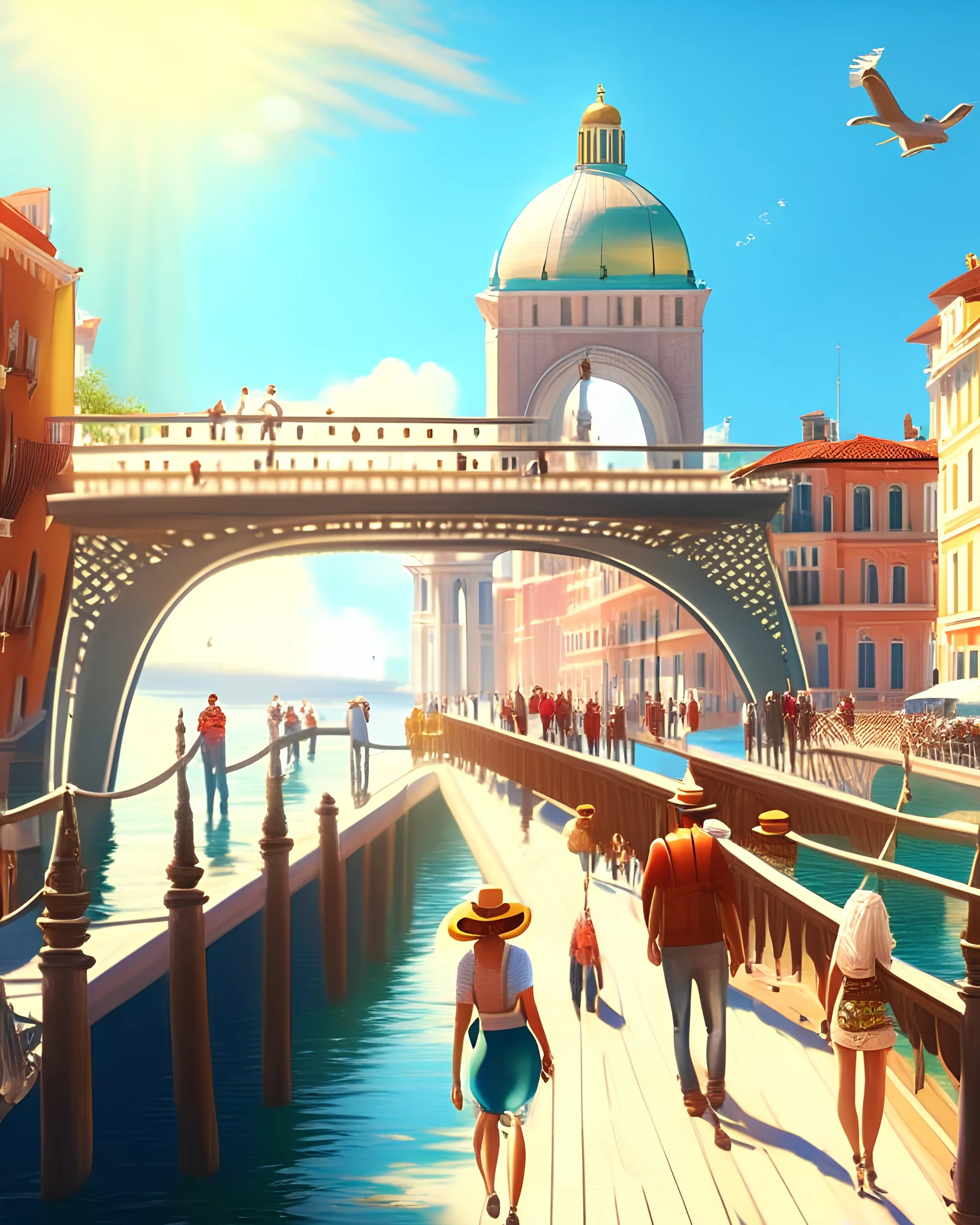 Ilustracion 3d de Venecia canal puente peatonal gente cielo soleado obra de arte 4k