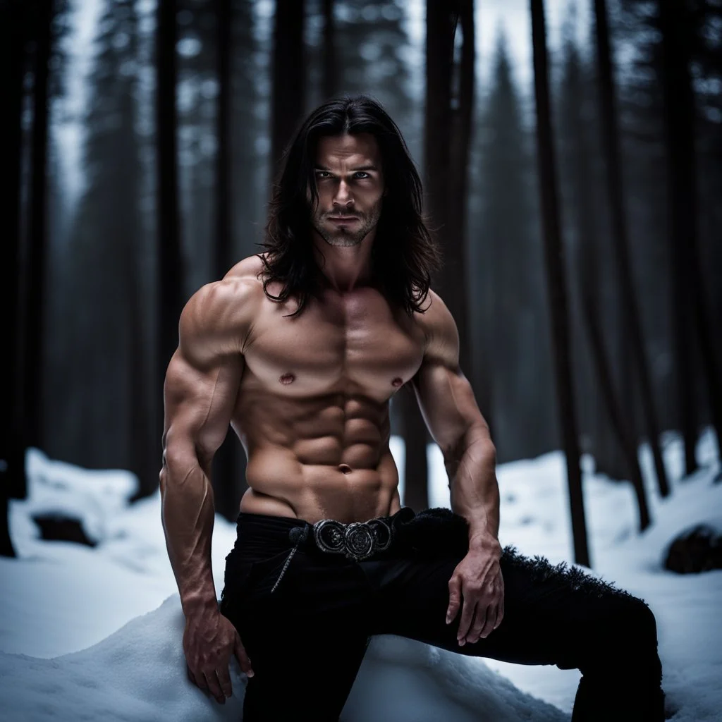 Handsome and muscular 30 year old shirtless mountain man, dark fantasy, snowy forest