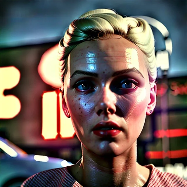 Ultra Realistic retro sci-fi burst Supermarket parking scene, 1960 year, blonde woman, sweet scarlet Johansson face, perfect iris, glow eyes, face makeup, tight latex coat; many panic people looking, Retro sci-fi style, soft color, highly detailed, unreal engine 5, ray tracing, RTX, lumen lighting, ultra detail, volumetric lighting, 3d, finely drawn, high definition, high resolution.