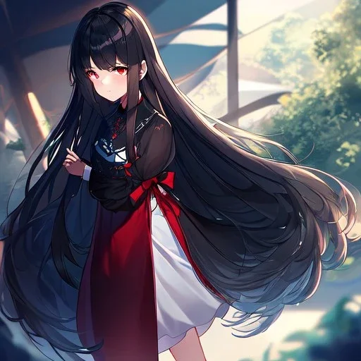 Clear focus, high resolution, black long fluffy hair, red eyes, wearing a cute outfit