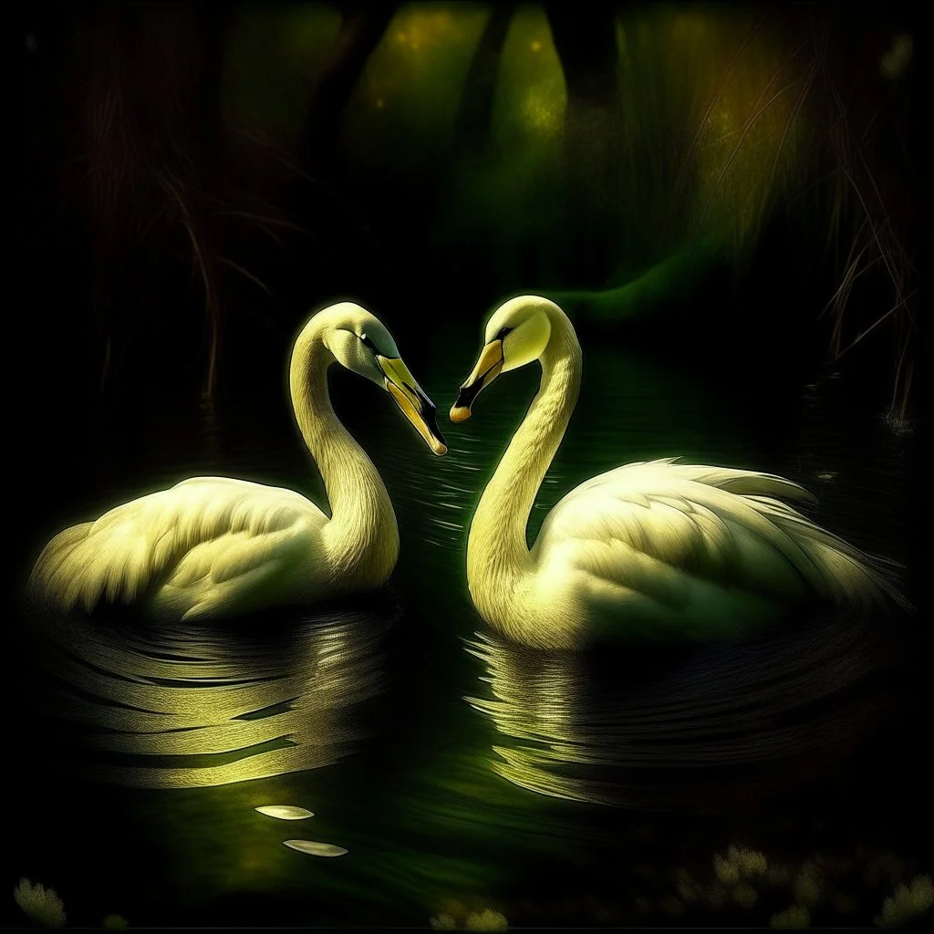 two swans in a romantic lake, dark green and warm yellow color, fantasy atmosphere, photo quality