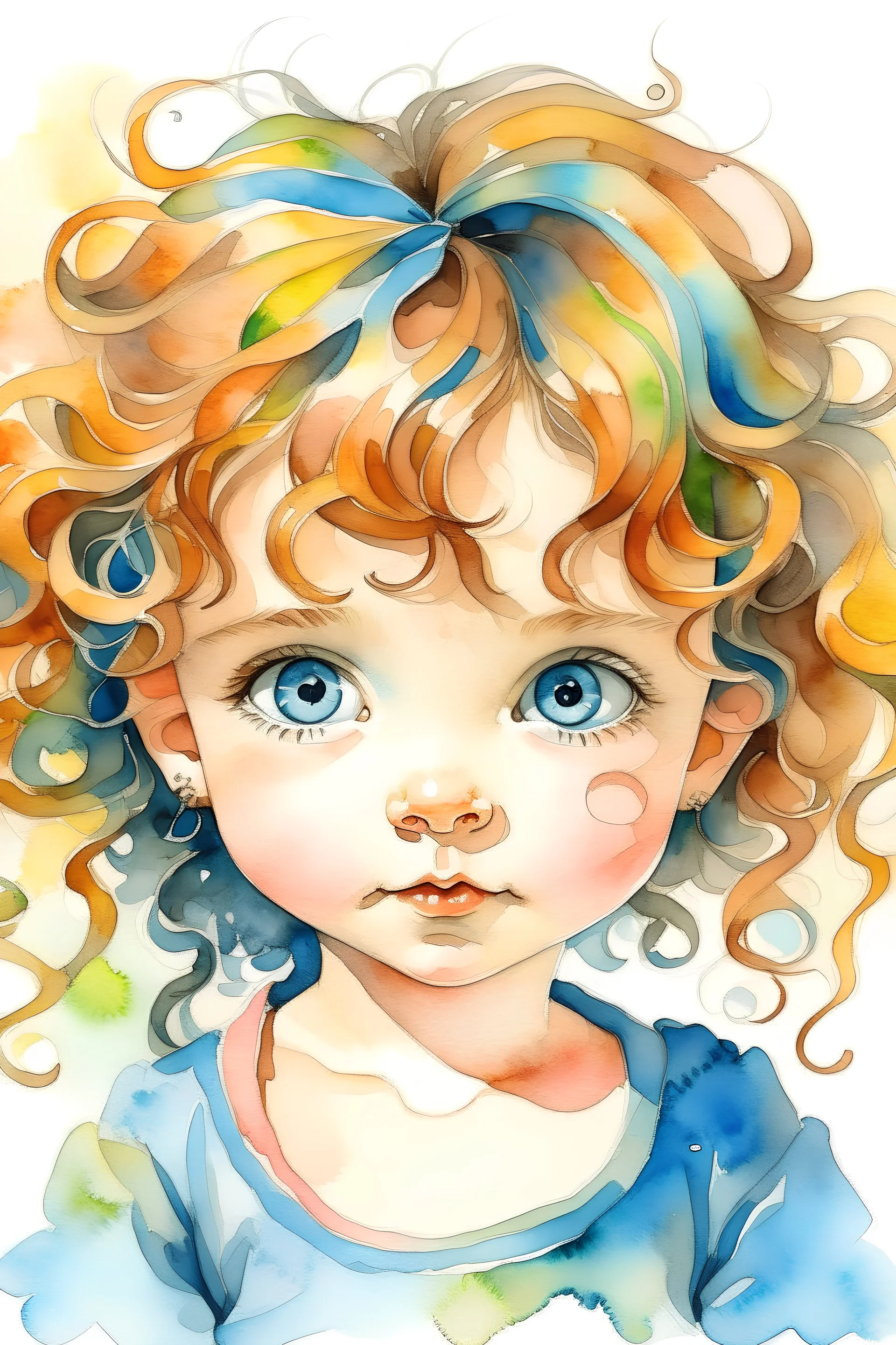 girl 2 years old diamond watercolor big eyes, curly hair.