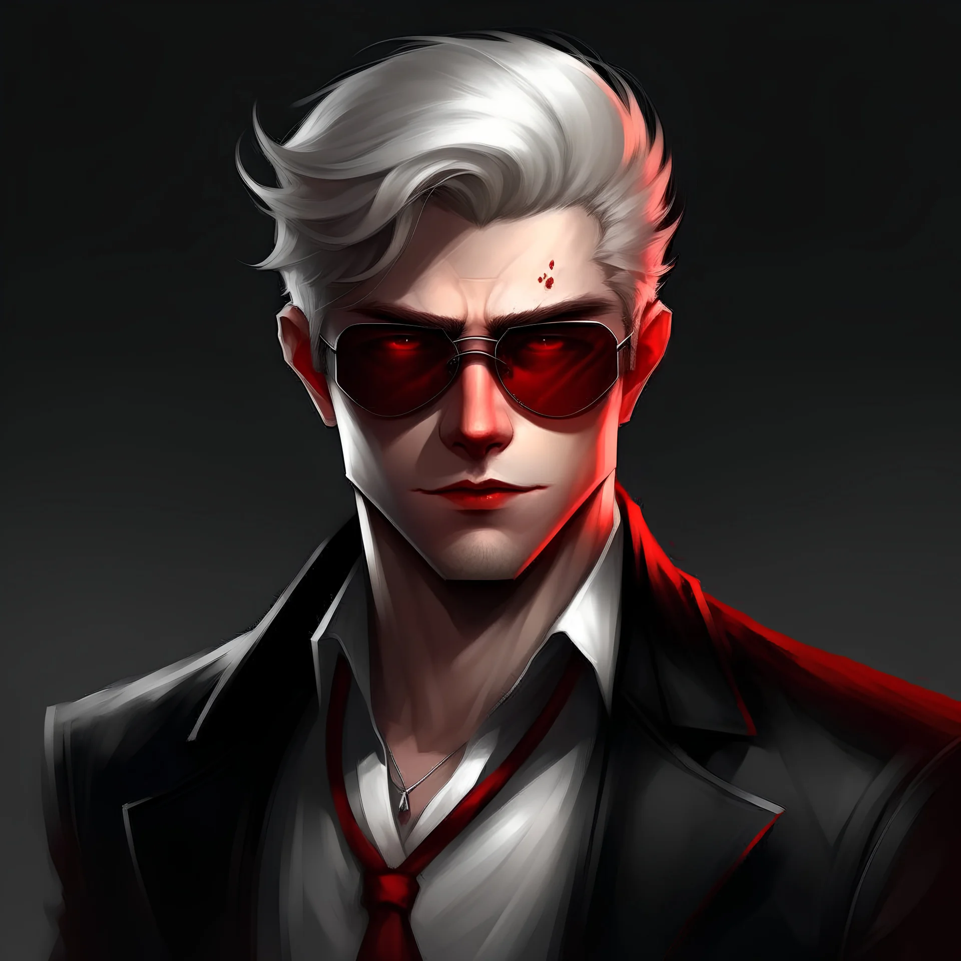 Character: Handsome, youthful vampire Facial Features: Youthful appearance with soft, natural facial features Hair: Tousled whiteblonde hair, styled in a modern fashion Build: Lean and athletic physique, characteristic of a twenty-year-old Clothing: Modern red and black attire with stylish accessories, including red sunglasses Art Style: Realistic portrayal with a focus on natural beauty and youthfulness