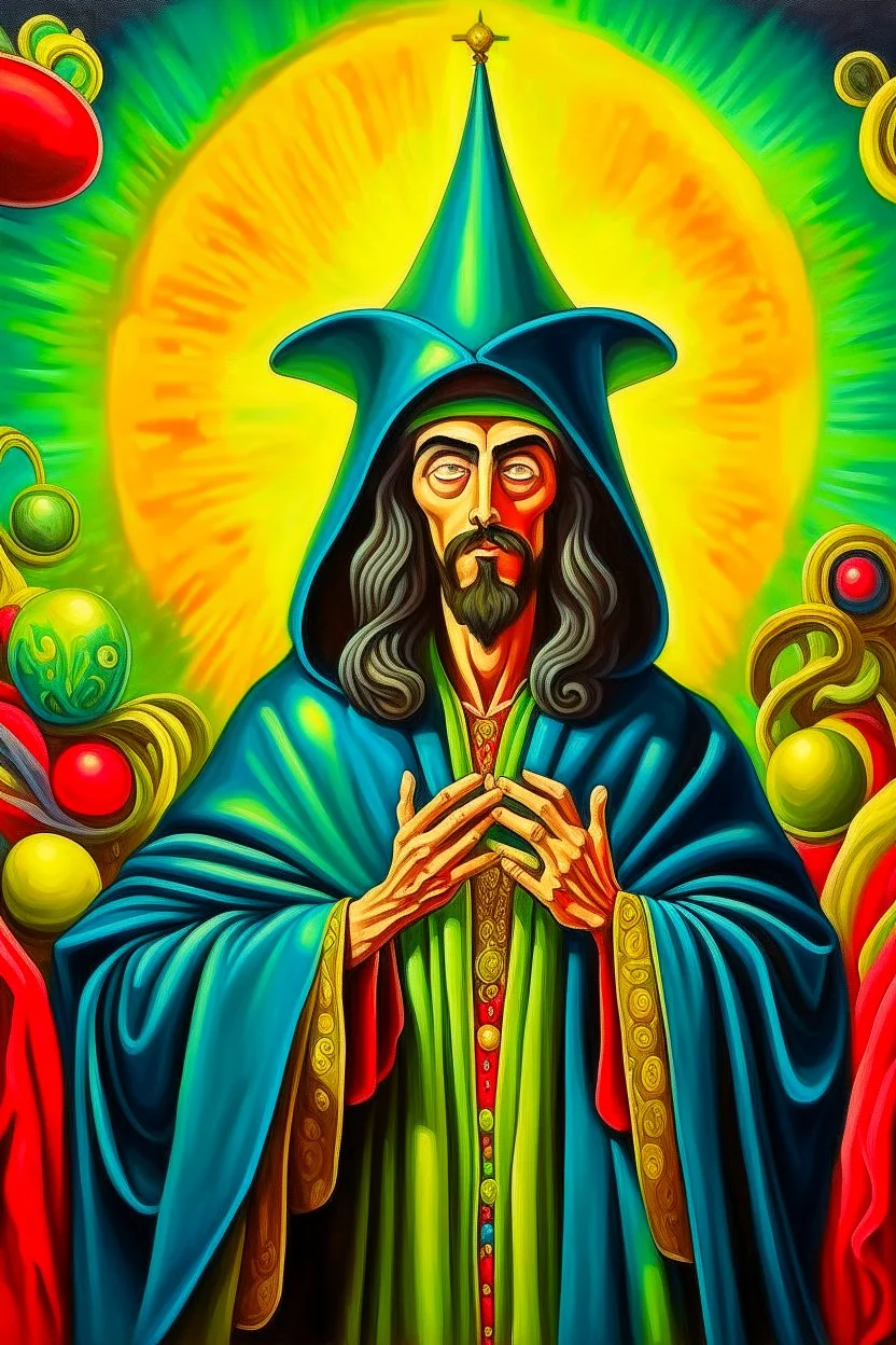 Jesus puts on his robe and Wizard Hat, pop surrealism