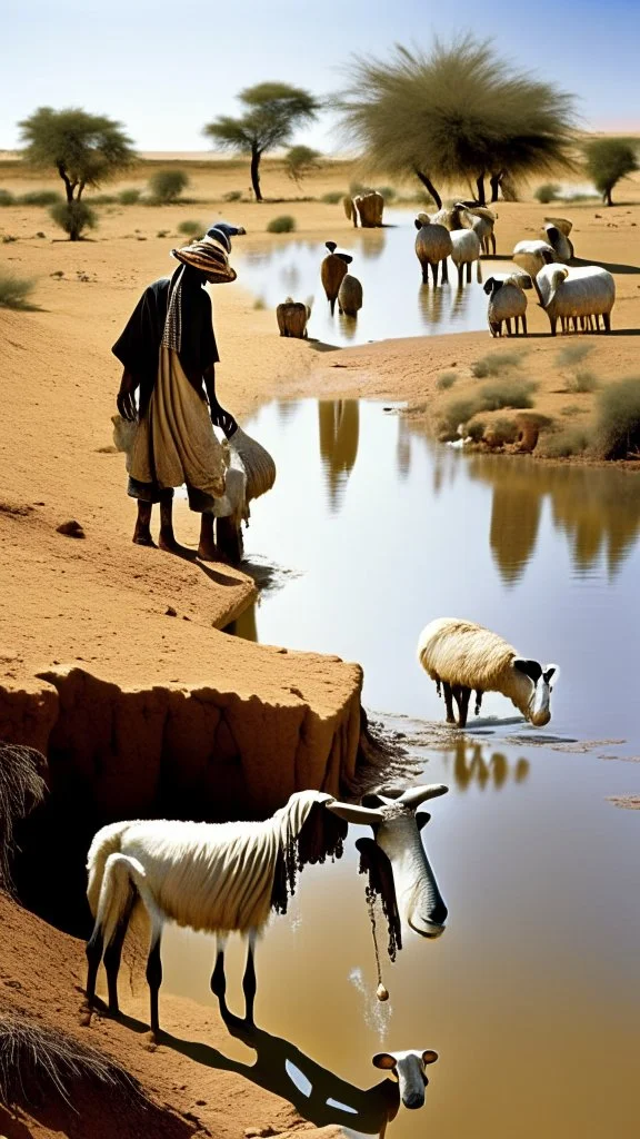 Africa, farming, sheep drinking from river and desert, farmers