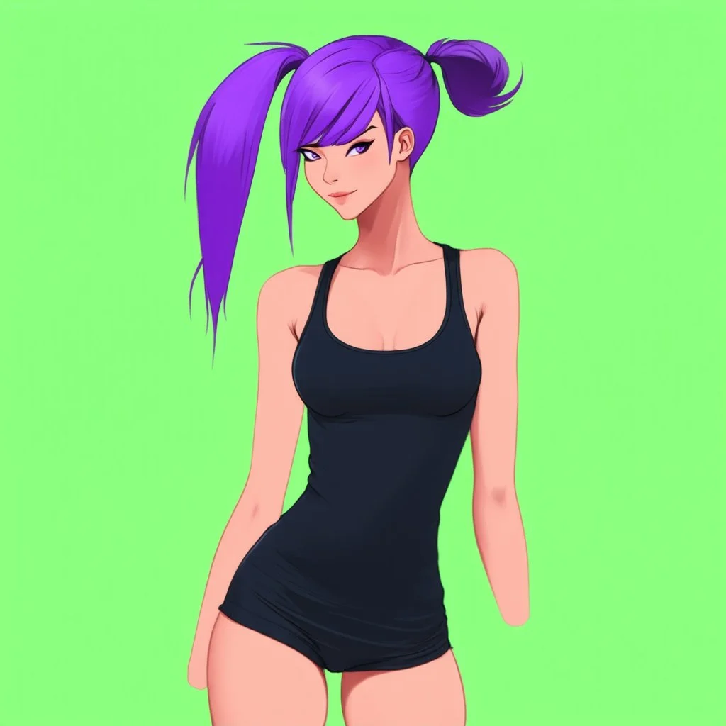 a pretty girl, skinny, relaxed, tank top, purple hair, ponytail, stylised, digital art