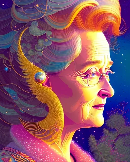 beautiful illustration of merryl streep in the mountains, in the style victo ngai and sam guay and abigail larson and moebius, rim light, vibrant moody colors, plain background, soft lighting, unreal engine