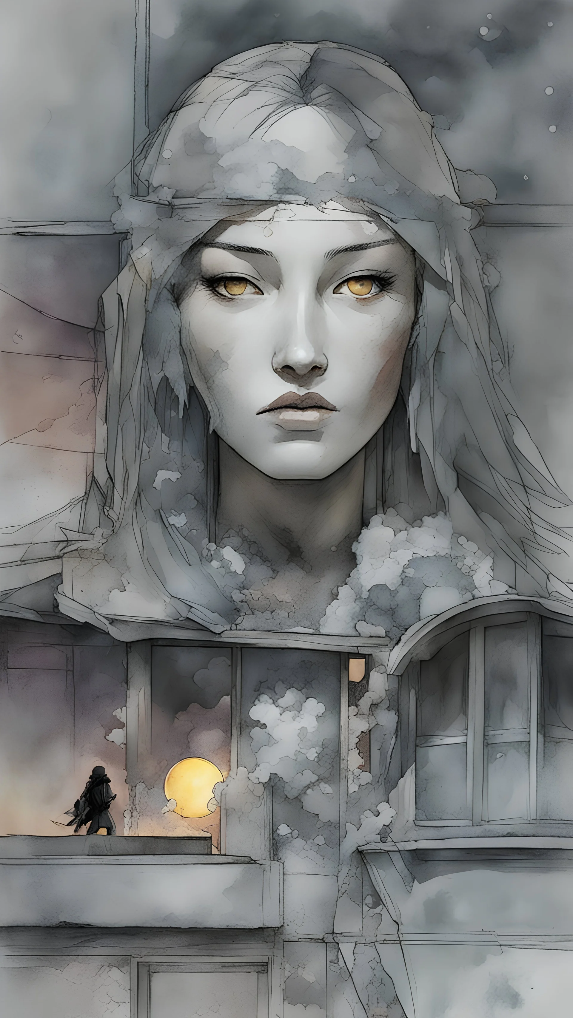 Marin Kitagawa from My Dress Up Darling. A soft-focus image of the golden sunset casting a warm glow, create in inkwash and watercolor, in the comic book art style of Mike Mignola, Bill Sienkiewicz and Jean Giraud Moebius, highly detailed, gritty textures,