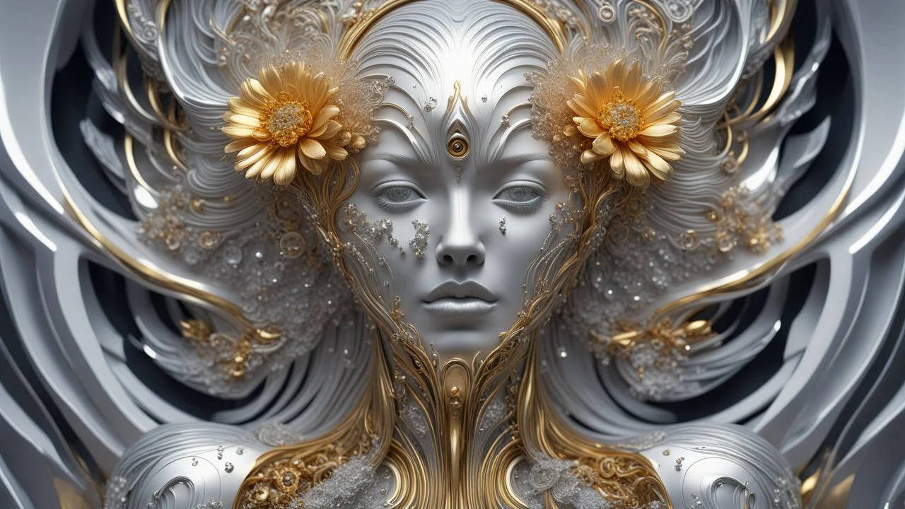 Waterfall, figure of a Woman, art from the "art of control" collection by Jasper Harvey, in the style of futuristic optics, silver and gold, flower, bird, detailed facial features, swirling vortices, 8k 3d, bizarre cyborgs, made of crystals, high detail, high resolution, 8K