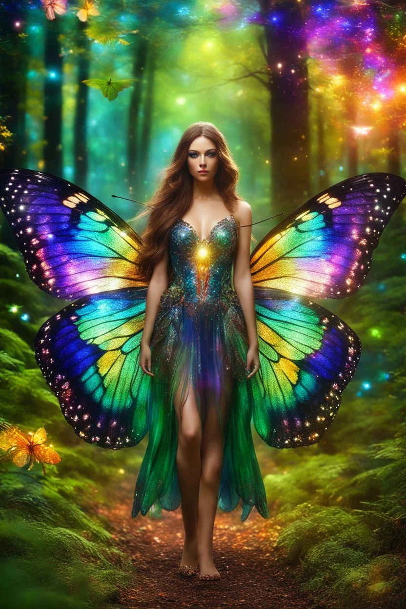 Full body Gorgeous Photography Realistic Natural Beautiful butterfly girl with shiny brown flowing hair, glitter colorful butterfly wings, lovely glowing green eyes, surrounded by magical colorful forest and flickering lights, digital photography, kaleidoscope, vibrant colors, vivid colors, colorful, she walk in magic forest