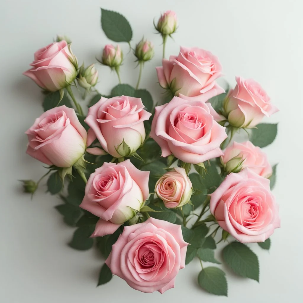 A bouquet of pink roses with delicate green on a light background