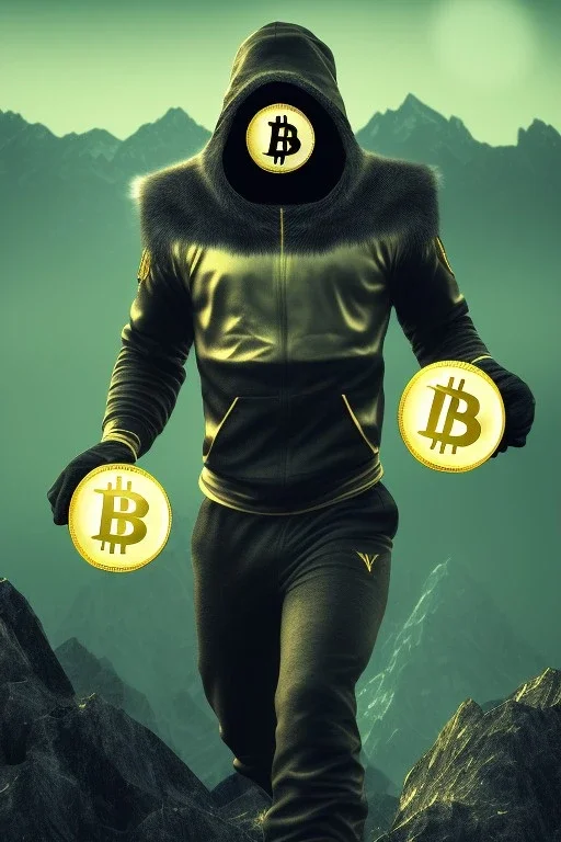 running berserker portrait , no face, black jogging suite , in the night Alps , holding bitcoin , angels background, volumetric gold light, high detail, dark leaf tree, dark mountains in background, perfect