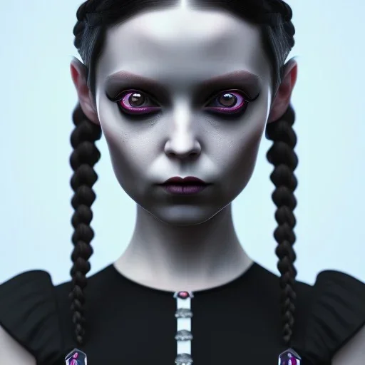 Wednesday Addams, Wednesday with braids standing with her arms crossed, dark, soft goth lip, hyper detail, octane render, unreal engine 5, photorealistic, 8k resulation