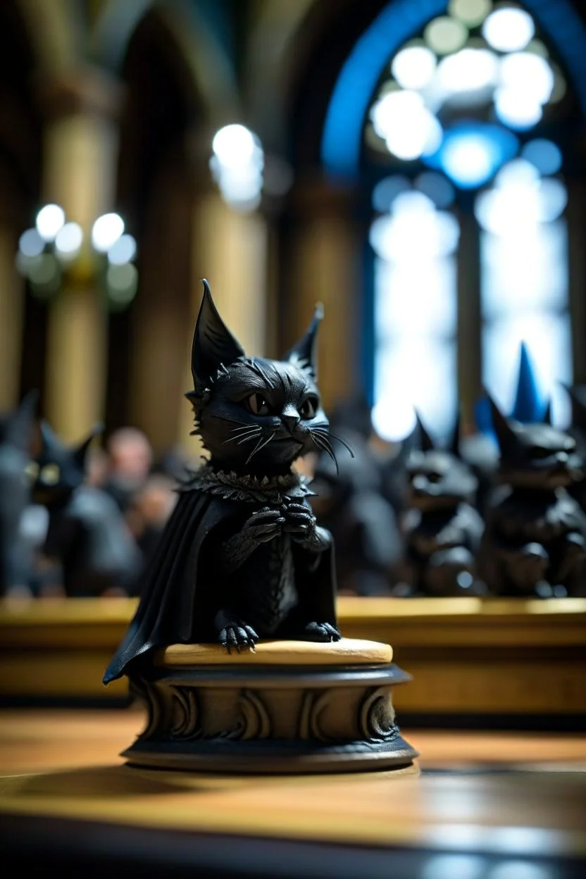 bat cat doll loosing beauty contest in ancient concert hall , photo-realistic, shot on Hasselblad h6d-400c, zeiss prime lens, bokeh like f/0.8, tilt-shift lens 8k, high detail, smooth render, down-light, unreal eng