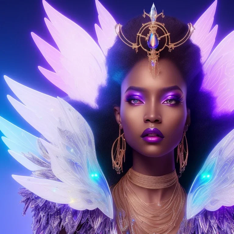 full body shot, masterpiece, best quality, black skinned, sparkling eyes, long hair, gorgeous African Fairy queen,wings,fluorescent skin,light blue makeup,sparkly glass diamond transparentsynthwave, light indigo, trasparent , irridescent, highly detailed body, sun light, 4K, RAW, depth of field, high contrast, realistic details, 24mm vaporwave aesthetic, synthwave, artstation, concept art, smooth, extremely sharp detail, finely tuned detail, ultra high definition, 8 k, unreal engine 5, ultra sha