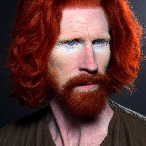 Portrait of courtney gains, ruggedly handsome but joyful, roguish, charismatic, attractive male, masculine, perfect, precisely detailed, lightly freckled face, meticulously detailed multi-hued ginger carrot-colored cherry red fiery hair; Malachai of the corn; fantasy, intricate, elegant, highly detailed, digital painting, artstation, concept art, matte, sharp focus, illustration, art by artgerm and greg rutkowski and alphonse mucha