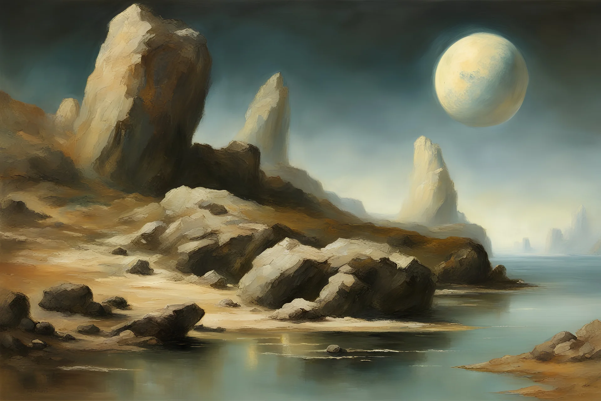 rocks, lagoon, vegetations, space, sci-fi, solar warden program influence, epic, willem maris, juliette wytsman, and anna boch impressionism paintings