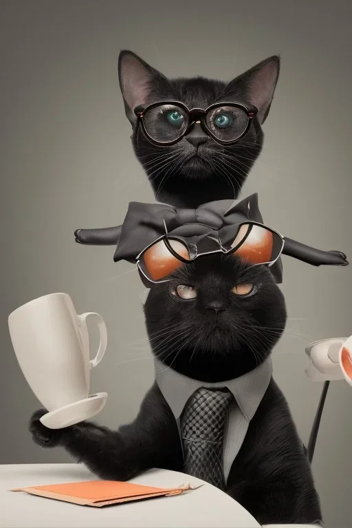 Chat noir en costard avec des lunettes assis à une table avec une tasse de café, ultra réaliste, 4k, haute résolution