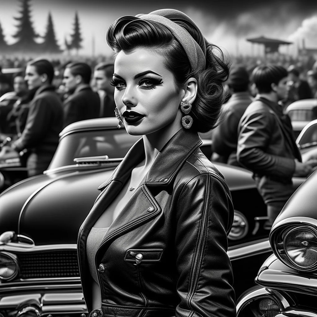 Create image: woman with a vintage pin-up hairstyle in greyscale tones stands in the foreground. She's wearing a zippered leather jacket and adorned with tattoos, a red bandana, earrings, and dark lipstick. In the background, a vivid scene of a drag race unfolds with classic cars and visible smoke above.