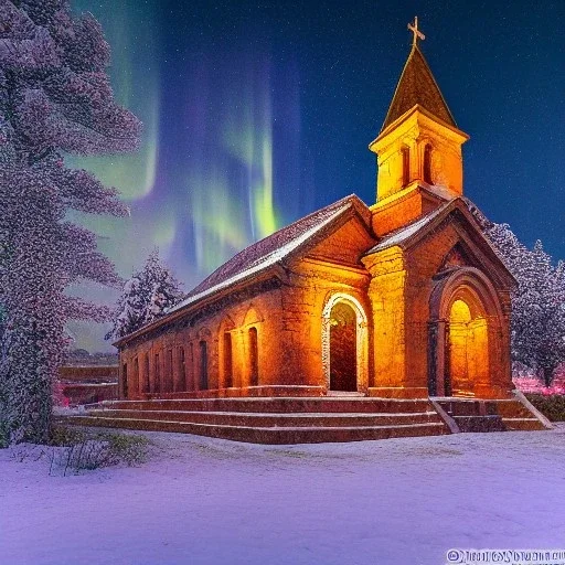 Ancient Armenian Church decorated with intricate stone carvings on a snowy night, golden crosses on tops, pink light inside, many different color northern lights, mountains, 10 second long exposure highly detailed ultra reallistic oil on canvas cinematic lighting colourful Jacek Yerka Thomas Kinkade Caspar David Friedrich long exposure good atmosphere