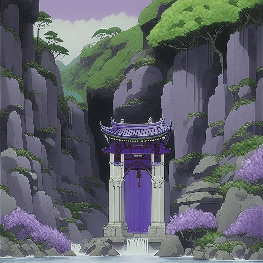A violet Eastern temple near a gorge with portals painted by Hashimoto Gaho