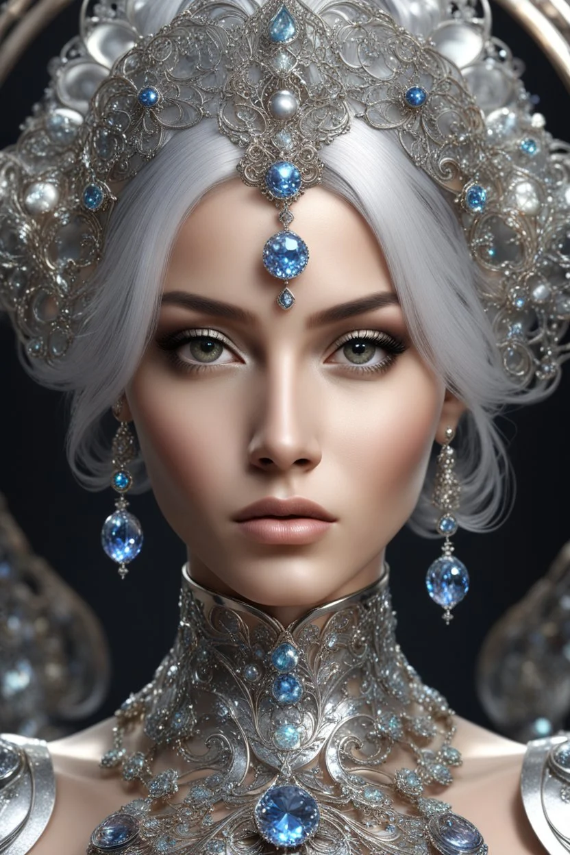 AI 3d photo realistic portrait of young woman, beautiful, shiny hard eyes, make up, Fantasy style, shiny baubles, ornate, large gemstones, shiny molten metalics, shiny wire filigree, silver hair, high definition, high res, octane render, 64k, 3d