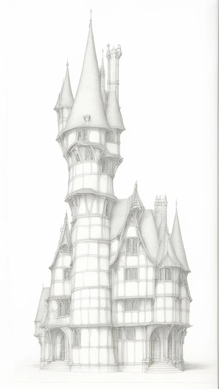technical drawing pencil sketch front elevation of a row of skeletal multtechnical line drawing of the front elevation of a tall, narrow, warped, fantasy Tudor building, with twisted chimneys, rooms and floors added to sides and roofs, like the warren.i-story fantasy tudor buildings