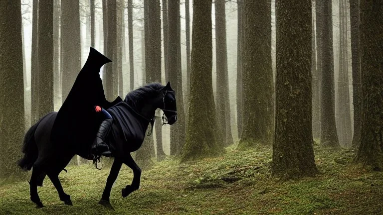 Dark robed wizard on a horse in the forest