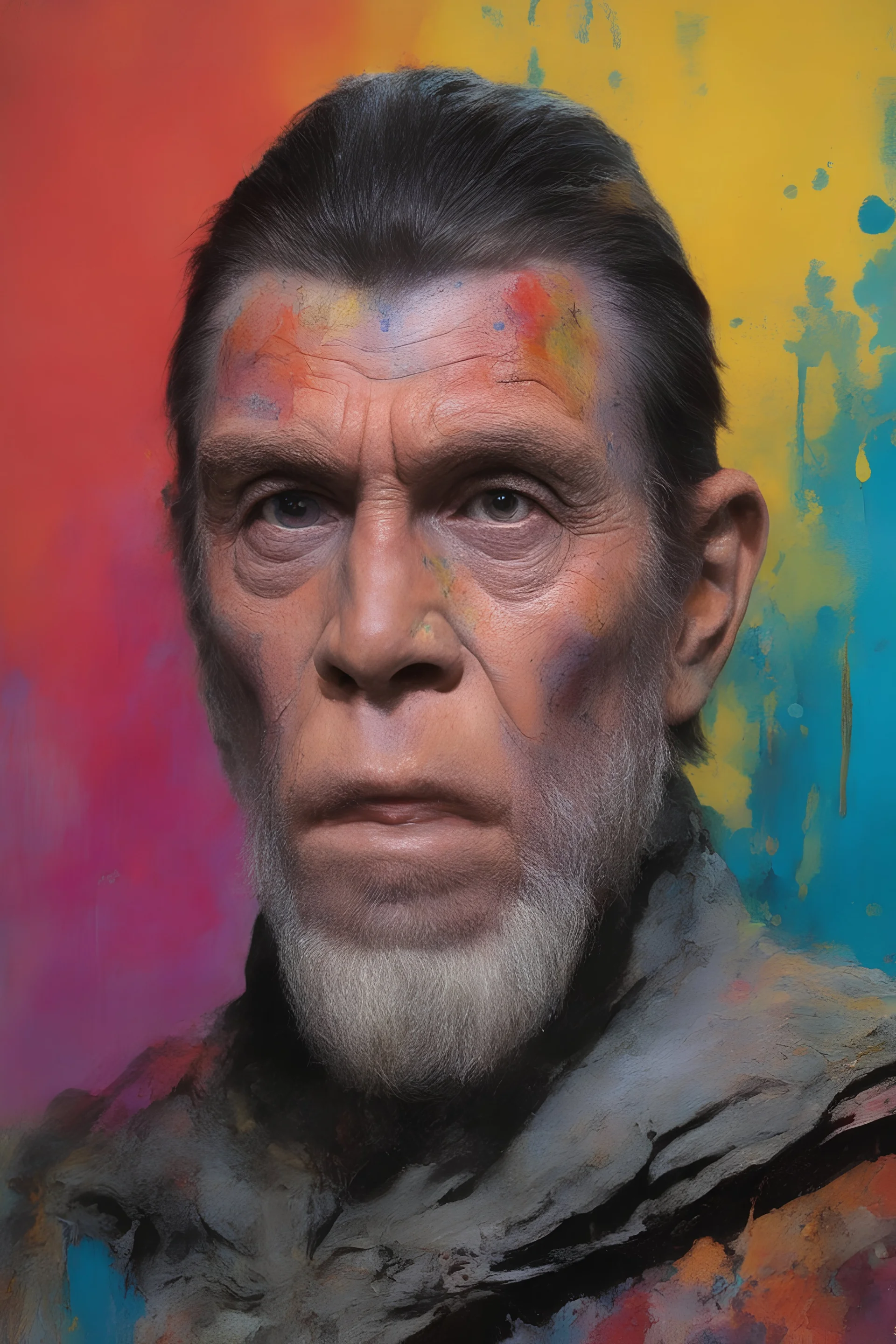 Roddy McDowall as Cornelius from Planet of the Apes - extremely colorful, multicolored paint splattered wall in the background, oil painting by Leonardo da Vinci