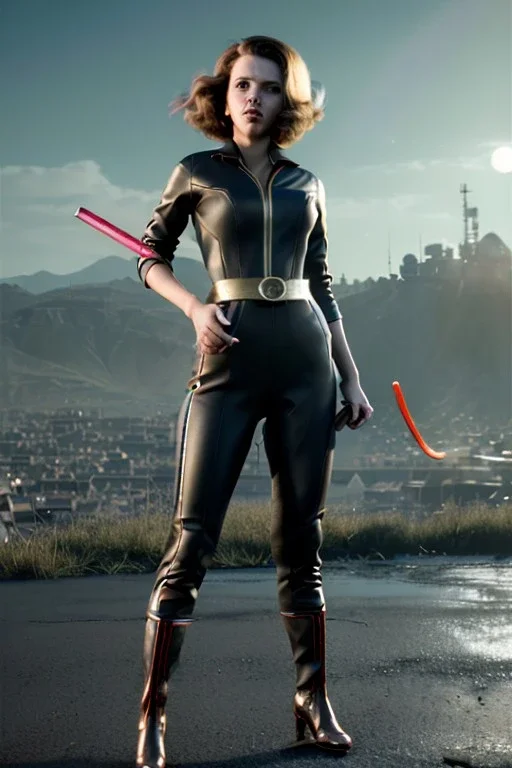 retro portrait image from 1960, explosion background, wind, long hair, young Scarlett Johansson, classic black tight lycra suit, metal stick weapon, gold bracelet and belt, high heel boots, soft color, highly detailed, unreal engine 5, ray tracing, RTX, lumen lighting, ultra detail, volumetric lighting, 3d, finely drawn, high definition, high resolution.