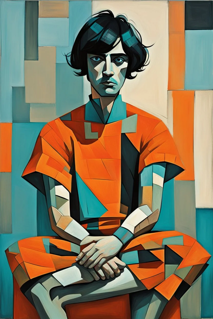 whimsical arafed nonsense stylized abstract portrait of a man with dark bob hair, seated with arms crossed, (((exaggerated body parts))), (((oversize head))), in vibrant orange dress and black accents around wrists, background is blend of bold beige and drab patchwork vibe, cyan tints, rainy whimsical afternoon, sharp color contrasts, amazing shadows, minimal cozy, color leak, heavily distorted views, amazing parallels