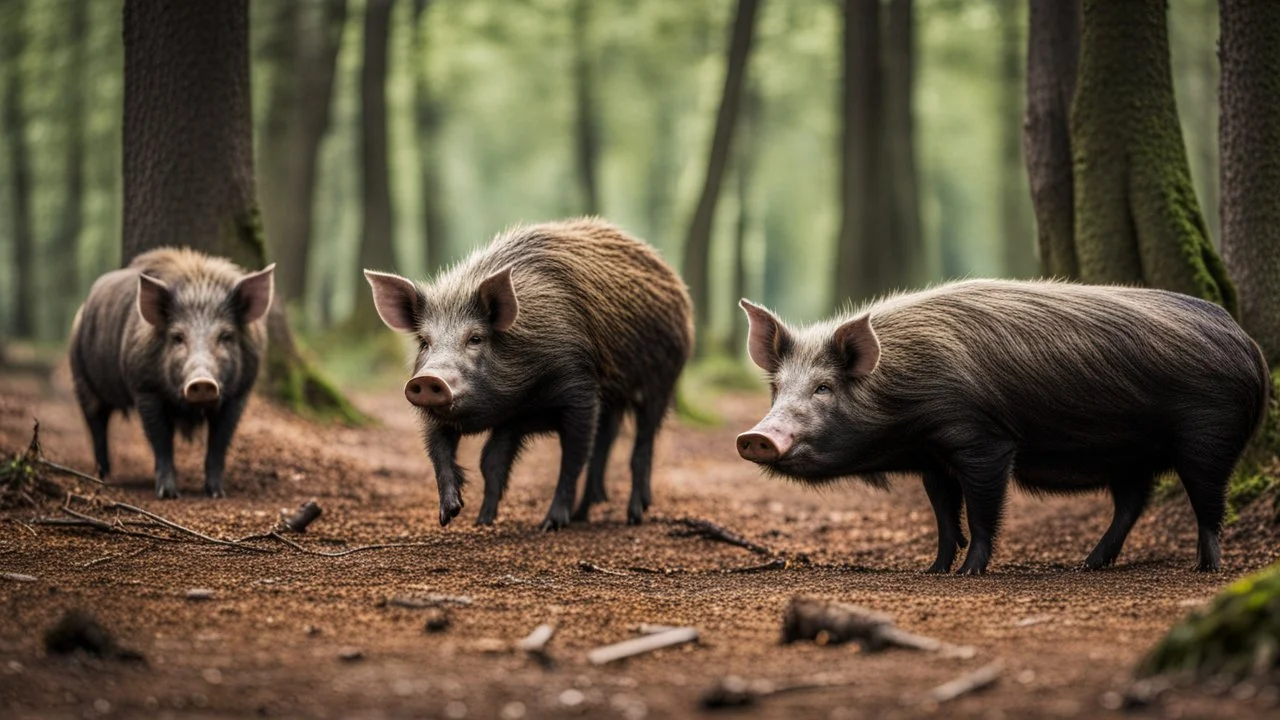 wild pigs with tusks in woodland