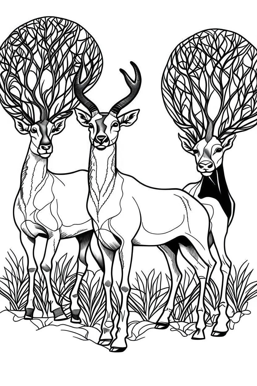 Outline art, antelopes standing in the bush, full body, cartoon style, black and white, low detail, no shading, --ar 9:11