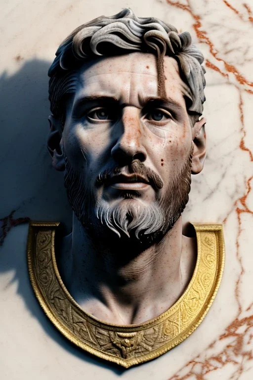 Ultra Realistic image, Roman sculpture, white marble material, Lionel Messi, gold Laurel leaves wreath, renaissance ornaments, one gold star in heart, marble background, chisel style, waist up portrait, emperor style, epic, celestial, cinematic lighting, God light, god rays, 4k resolution, smooth details, ornate details, soft lighting, unreal engine 5, art station, substance 3d.