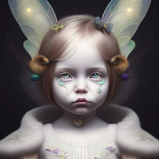 fairy toddler character, ominous, facepaint, waist up portrait, intricate, oil on canvas, masterpiece, expert, insanely detailed, 4k resolution, retroanime style, cute big circular reflective eyes, cinematic smooth, intricate detail , soft smooth lighting, soft pastel colors, painted Renaissance style