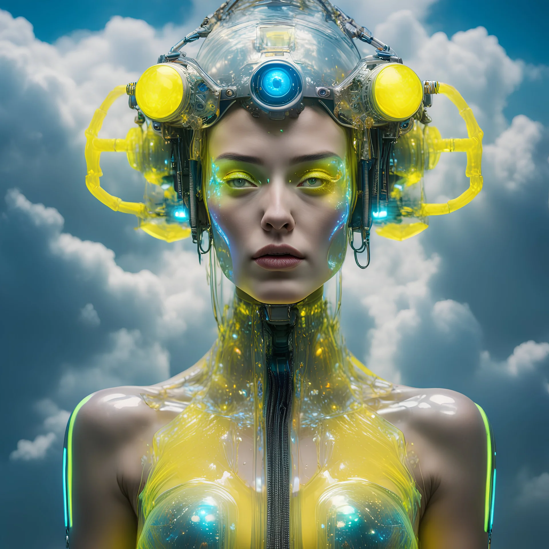 Organic, cyborg Ai queen with neuralink headgear, on an inter dimensional catwalk,perfect human face, clear acrylic plastic film, full body shot, catwalk fashion show, iridescent, surreal, Salvador Dali meets pixels,,waterhead, dj style, neon yellow,glowing eyes ,clouds, eye patch,pealers