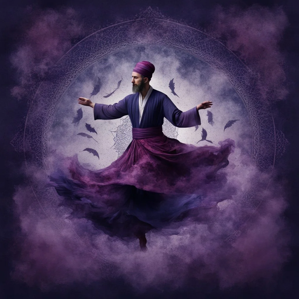 Hyper Realistic Sufi Whirling with Purple & Maroon, Islamic Sufi Rustic Grungy navy-blue Patterned-Background at night with black fog & mini feathers around