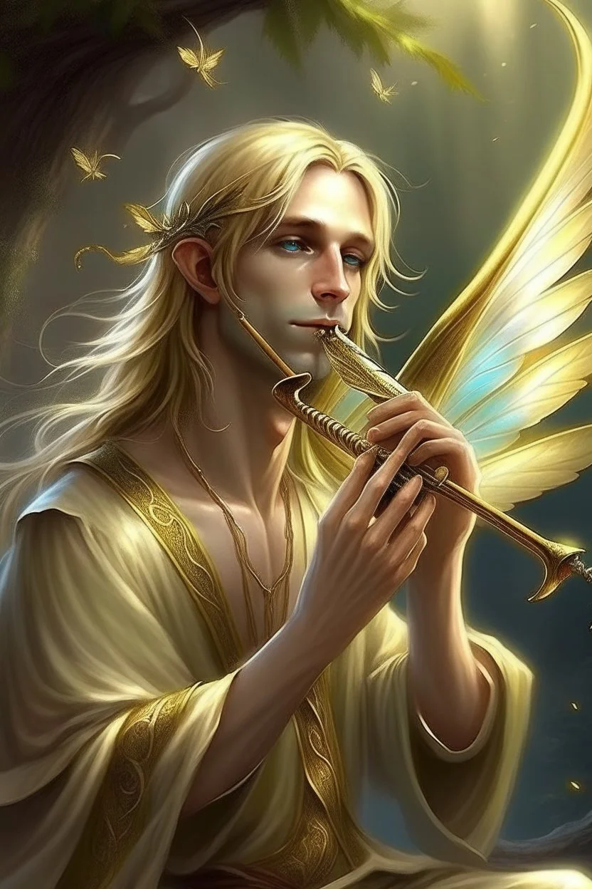 fee, männlich, libellen flügeln, hellblondes, langes Haar, Flöte spielend, lange spitze Ohren, goldene Augen, realistisch