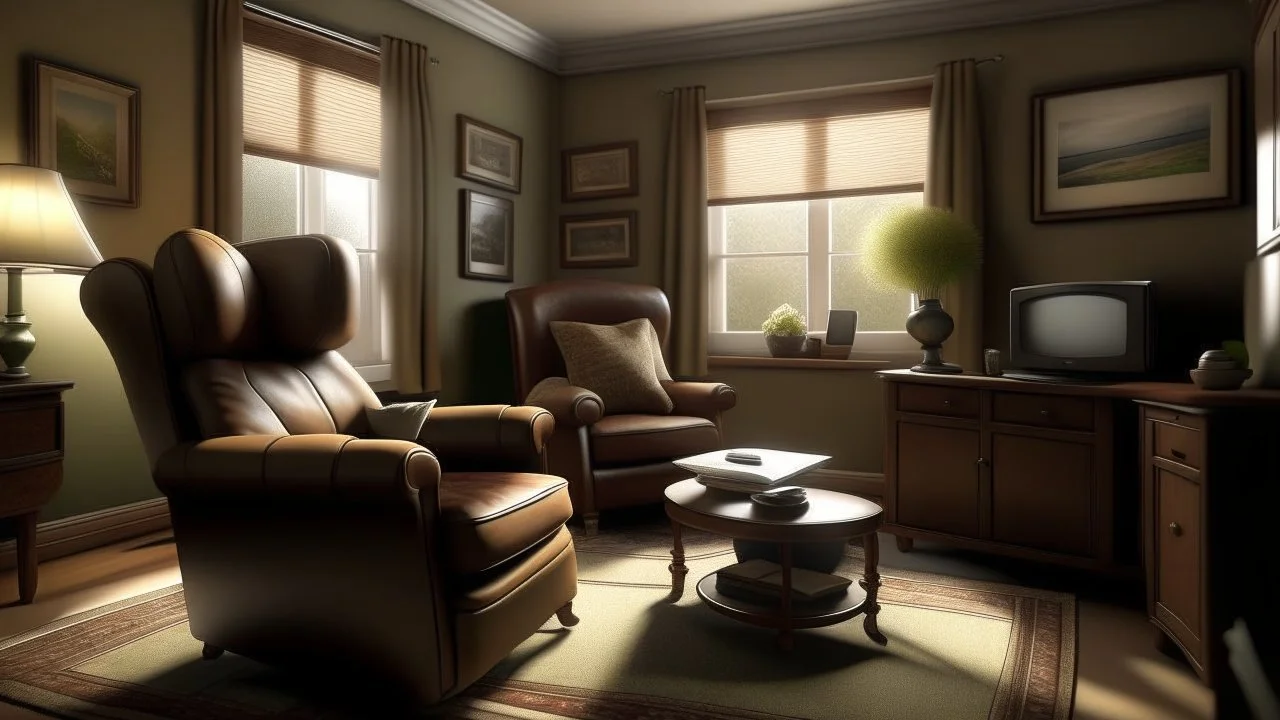 Photorealistic wide shot of an old woman's living room. Tidy and sparsely furnished with a well-loved comfy leather recliner, sidetable and older tv. The recliner faces the tv. A small stool on wheels sits beside the tv. There is an open window with open drapes. The drapes appear to be hand sewn and tidy. The room feels empty and is bright but slightly desaturated