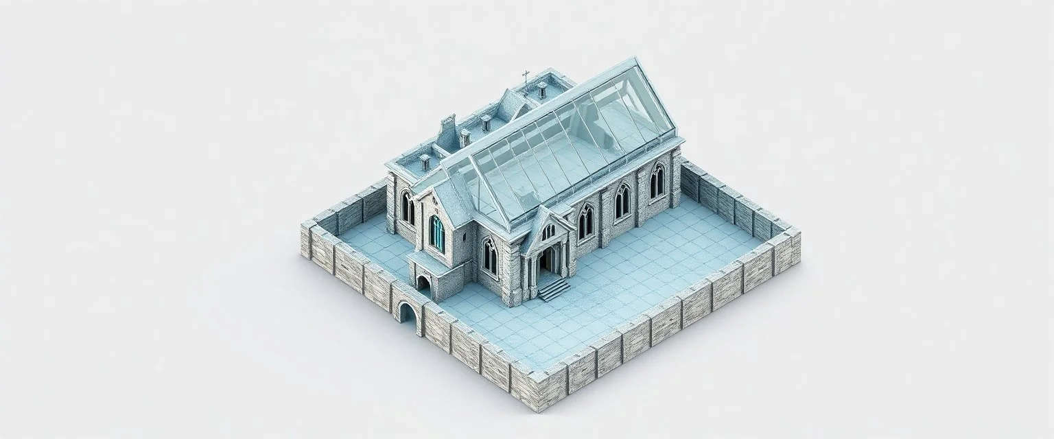 see through isometric plan of castle church with transparent roof and walls and grid on floor for tactical planning