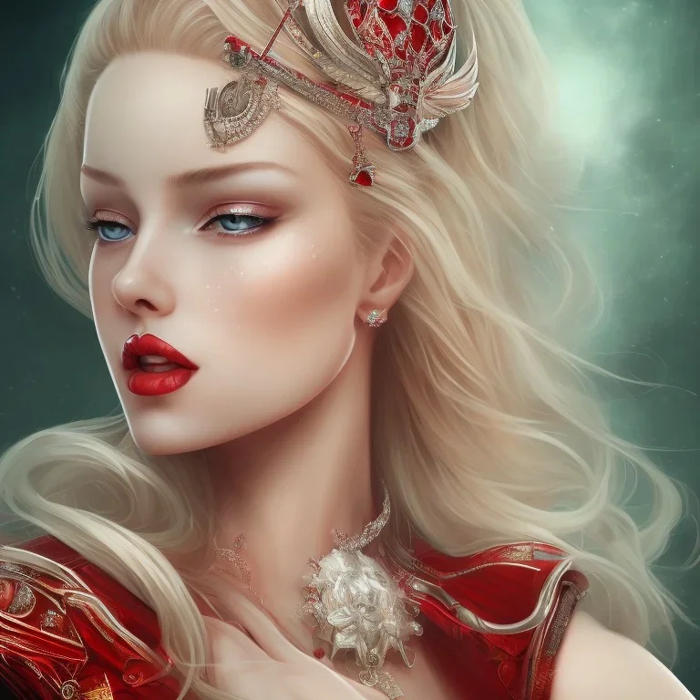 a portrait of beautiful queen, has pale blonde hair and green eyes, red lips, wearing red dress