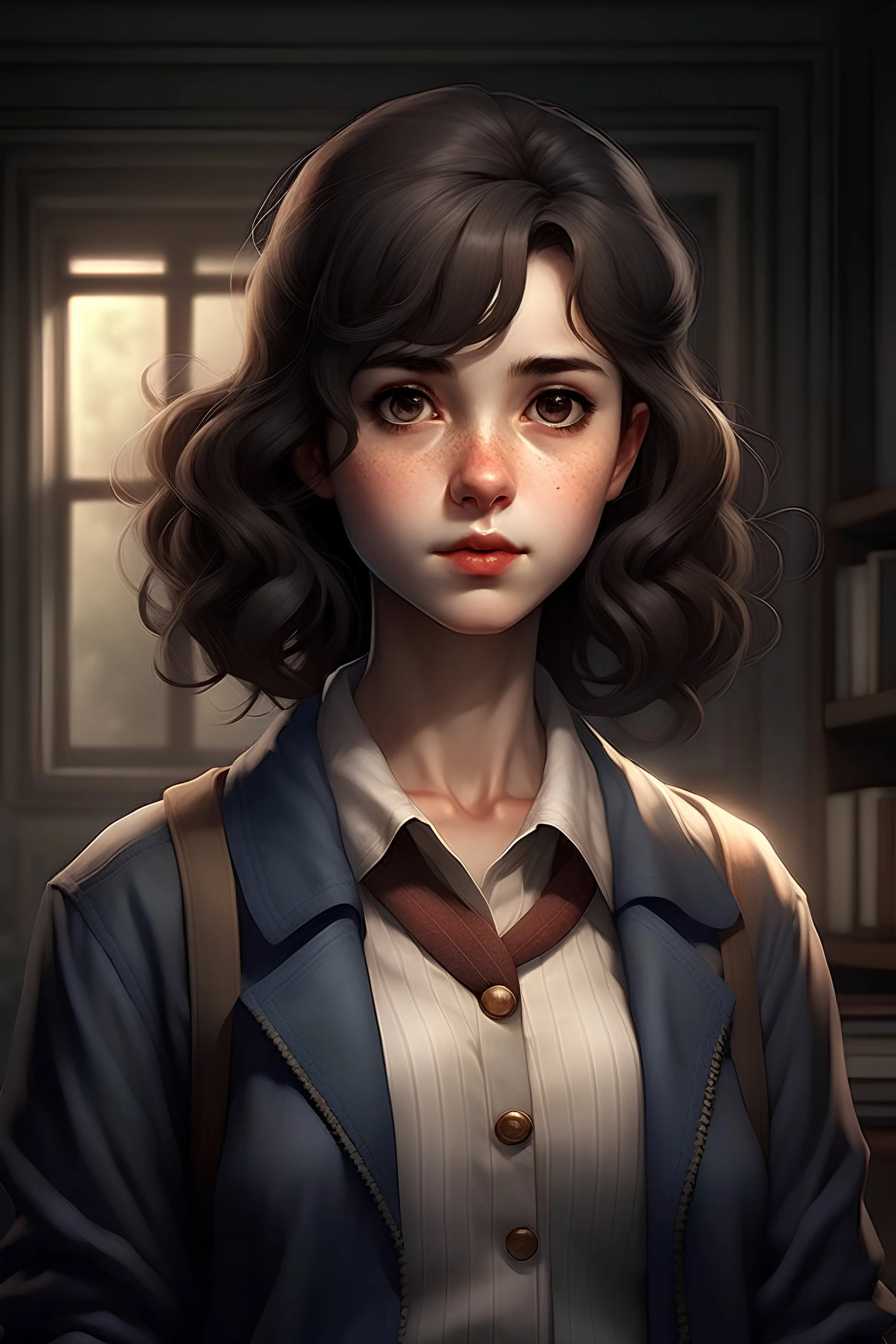 genera una imagen de una joven mujer en los años 80 del siglo XX de aproximadamente 18 años. Este personaje estudia Derecho en la Universidad pero lo mantiene en secreto de su familia. Agrega detalles que demuestren el misterio de su historia y el peligro de sus aventuras. Su familia pertenece a la clase alta y es muy conservadora, demuestra estas características en su vestimenta. Utiliza un estilo realista.