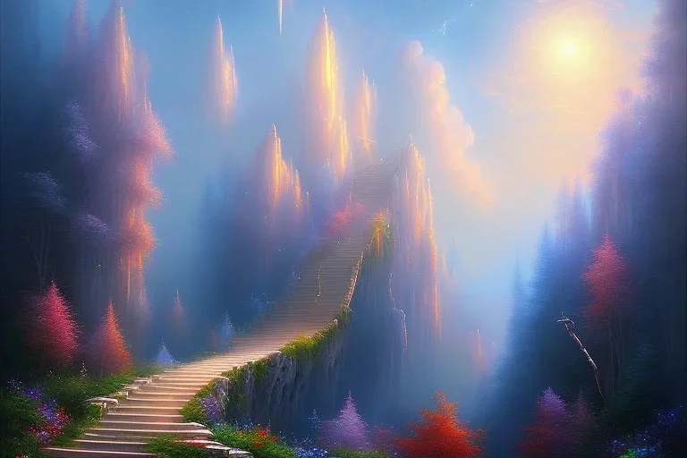 Impressionism , mystical long stairway up to heaven in the sky, atmospheric mist, beautiful colours, fine art, trending on artstation, masterpiece